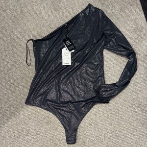 Express Metallic Black One-Shoulder Bodysuit